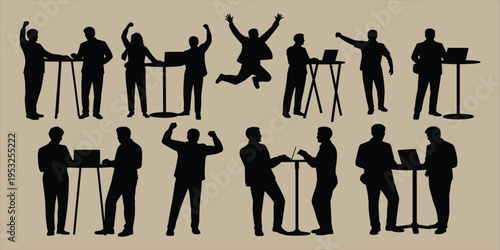 Silhouettes of business people interacting with laptops and tables in celebration Keywords: business, people, silhouette, laptop