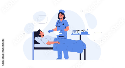 Nurse caring for patient in hospital bed, medical examination and treatment