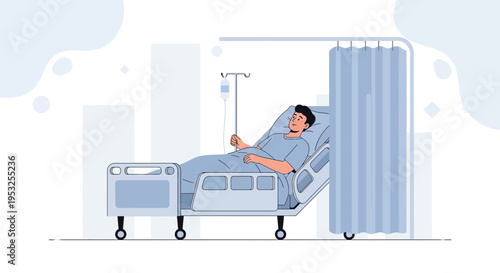 Patient in hospital bed with IV drip, medical care, recovery, hospital room illustration
