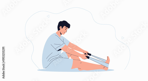 Man exercising with resistance band, seated stretching, fitness and health concept