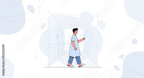 Patient walking down hospital corridor, medical illustration