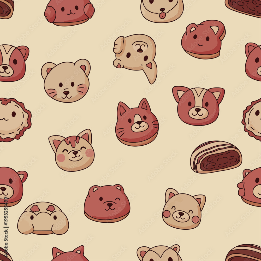 Fototapeta premium A repeating pattern of various cartoon animal faces and sweets on a pale yellow background with a playful and whimsical mood.