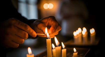 Close-up of hands lighting candles with a matchstick in a warm, dimly lit setting, symbolizing the traditional Hanukkah ritual and spiritual reflection.