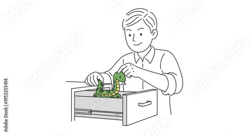 Coworker placing a toy snake in a desk drawer for an office prank vector illustration