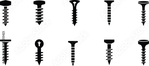 Ten black silhouette icons of various screws and fasteners on white background bolt hardware