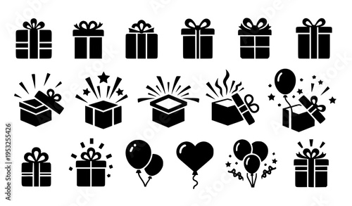 Gift box silhouettes birthday celebration icons set surprise present vector illustration