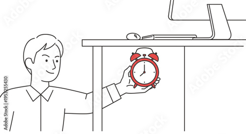 Stressed Employee Hiding Alarm Clock Under Desk Workload Time Management Illustration