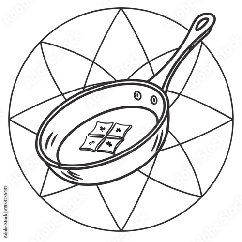 minimalist frying pan icon with thin line stroke in circular frame
