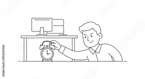 Office Employee Secretly Hiding Alarm Clock Under Desk Vector Illustration