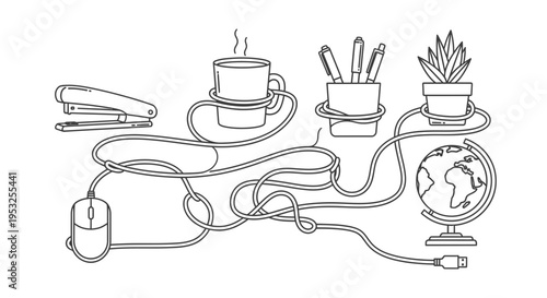 Messy Desk Office Prank with Tangled Computer Mouse Cable and Supplies Vector Illustration