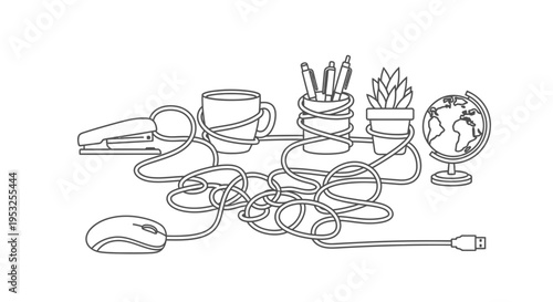 Office Prank with Tangled Cables and Desk Accessories Vector Illustration Design