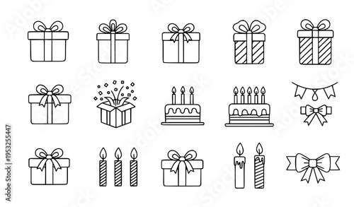 Birthday gift box icons set surprise presents and celebration elements line vector illustration