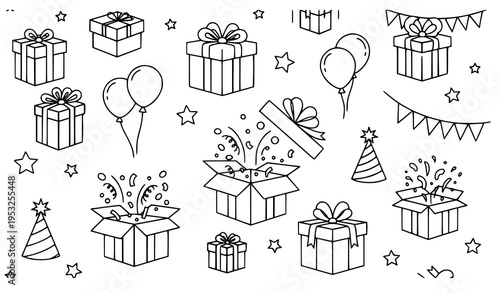 Gift box and birthday celebration icons pattern set with presents balloons and confetti vector illustration