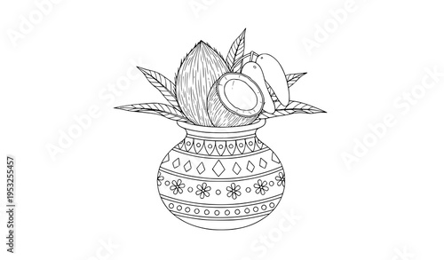 Decorative kalash sacred vessel hindu festival line art vector coloring page illustration