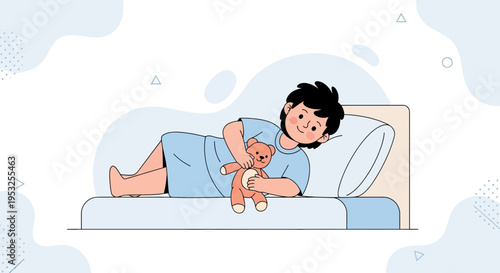 Child in Hospital Bed with Teddy Bear, Illustration