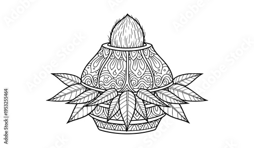 Traditional Indian kalash with coconut and leaves line art coloring page vector illustration