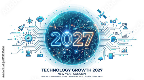 Technology Growth 2027 New Year Concept Illustration featuring a Digital Earth Globe, Artificial Intelligence AI, 5G Connectivity, Big Data, and Future Progress