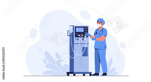 Doctor operating a modern ventilator machine in a hospital, medical equipment illustration