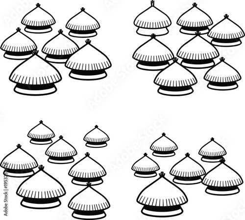 Traditional village huts cluster illustration with tribal rural houses thatched roof architecture black line art vector isolated design set