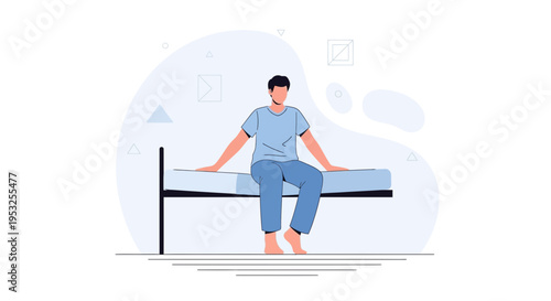 Man in Blue Pajamas Sitting on Hospital Bed, Waiting, Calm, Illustration