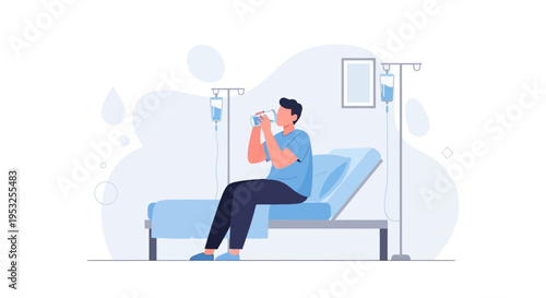 Patient drinking water while receiving IV drip in hospital bed, medical care concept