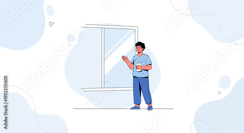 Man presenting in front of a large window, minimalist illustration