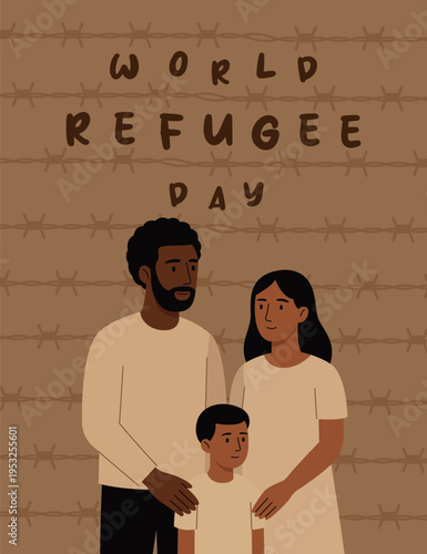 World Refugee Day Illustration of Refugee Family Standing Together Behind Barbed Wire in Solidarity