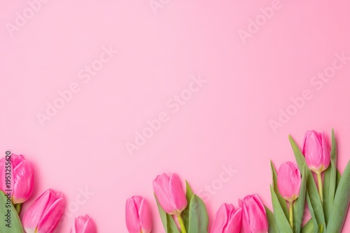 beautiful pink tulip flowers on a pastel background, a flat lay top view with...