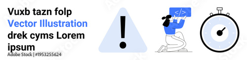 Time management, coding, programming education, workflow optimization, alerts, web development. Warning icon beside a coding figure and a stopwatch. Time management and coding concepts