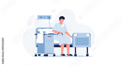 Patient sitting on hospital bed with medical equipment, healthcare illustration