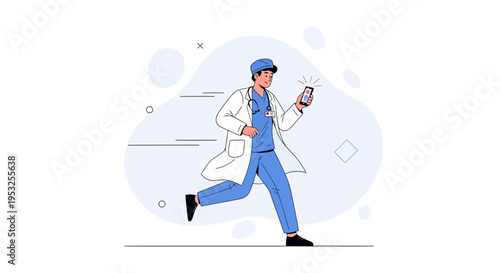 Doctor Running with Phone, Medical Emergency, Healthcare Technology Concept
