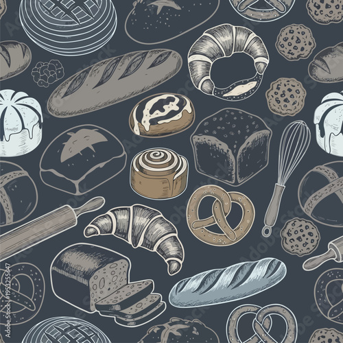 Seamless pattern of various breads and baking tools in a monochromatic color scheme on a dark background with a mix of illustrations.
