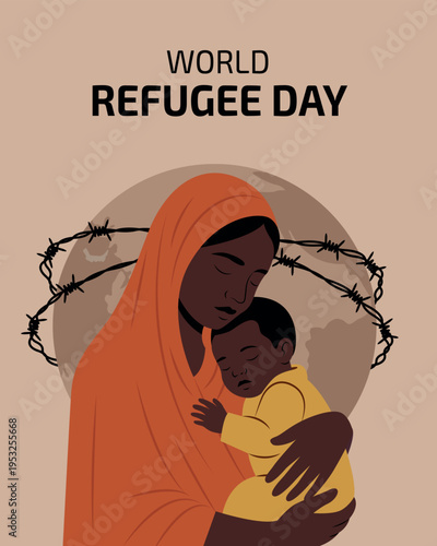 World Refugee Day Poster Showing Refugee Mother Embracing Sleeping Child With Barbed Wire Globe