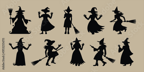 Ten black silhouettes of witches with brooms on a beige background halloween magic