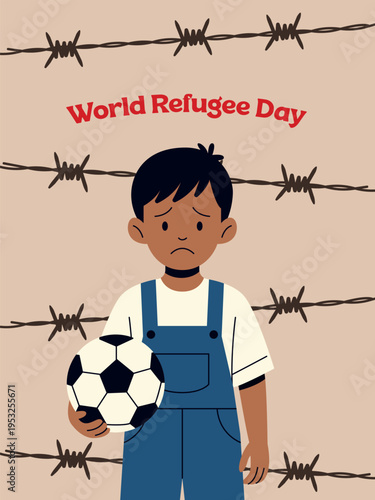 World Refugee Day Poster Featuring Sad Boy With Soccer Ball and Barbed Wire Background