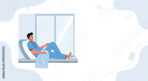 Male nurse resting on a hospital bed by the window, calm and peaceful atmosphere