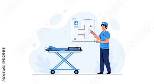 Doctor points to medical map on screen, patient on stretcher, healthcare concept