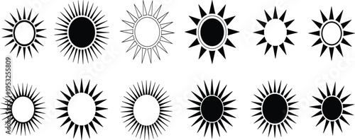 Twelve Black and White Sun Icons with Varying Designs symbol solar