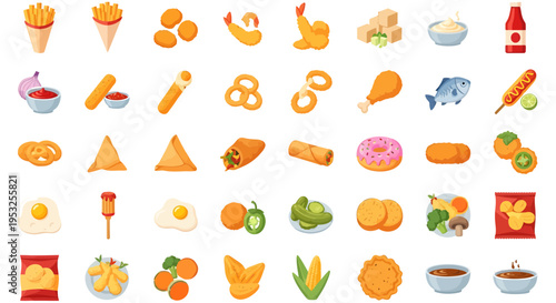Fried Food and Fast Food Snack Vector Icon Set: Chicken, Fries, Tempura, and Appetizers Isolated on White Background