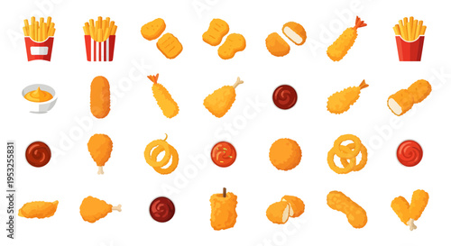 Fried Food Icon Set: Cartoon Vector Illustration of Crispy Chicken Nuggets, French Fries, and Tempura Shrimp with Dipping Sauces.