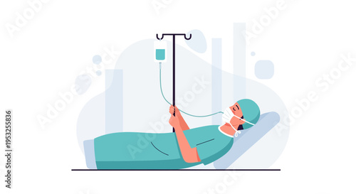 Patient in hospital bed with IV drip, medical care and recovery concept