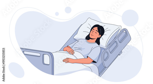 Woman Resting in Hospital Bed, Peaceful Recovery, Medical Care Illustration