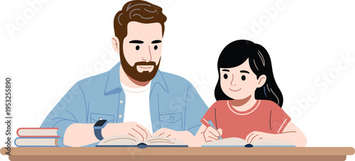 Father helping daughter with homework at desk, family learning, education, parenting, study time, home schooling, child development illustration, cute cartoon