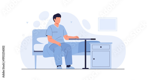 Male Nurse Sitting on Hospital Bed with Overbed Table and Nightstand