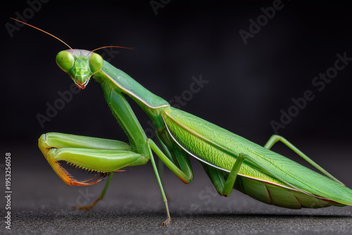 Green praying mantis insect closeup with folded raptorial foreleg and detailed wing texture showing predatory posture and delicate antennae