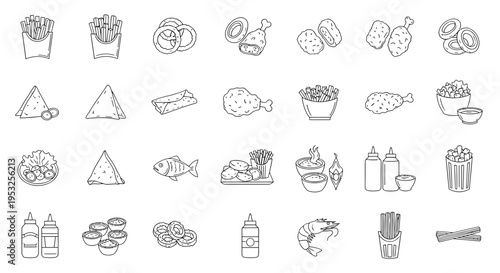 Fried Food Icon Set: Outline Vector Illustrations of Fast Food, Snacks, and Sides.