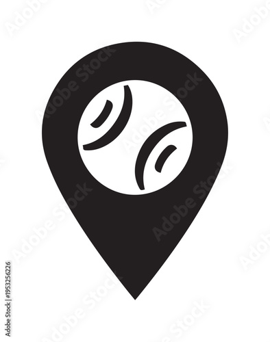 Stylized black and white location pin icon featuring a padel ball, ideal for mapping sports venues, game court finders, or athletic activity tracking applications