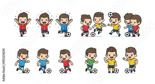 Set of Cute Cartoon Boy Soccer Player Characters in Various Poses
