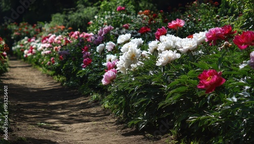 Peony Paradise - A Lush Garden Path Bursting with Colorful Blooms in Sunlight.