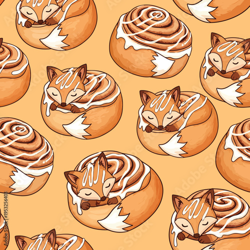 Illustration of a repeating pattern featuring cartoon fox faces on round orange pastries with white icing on a solid orange background.